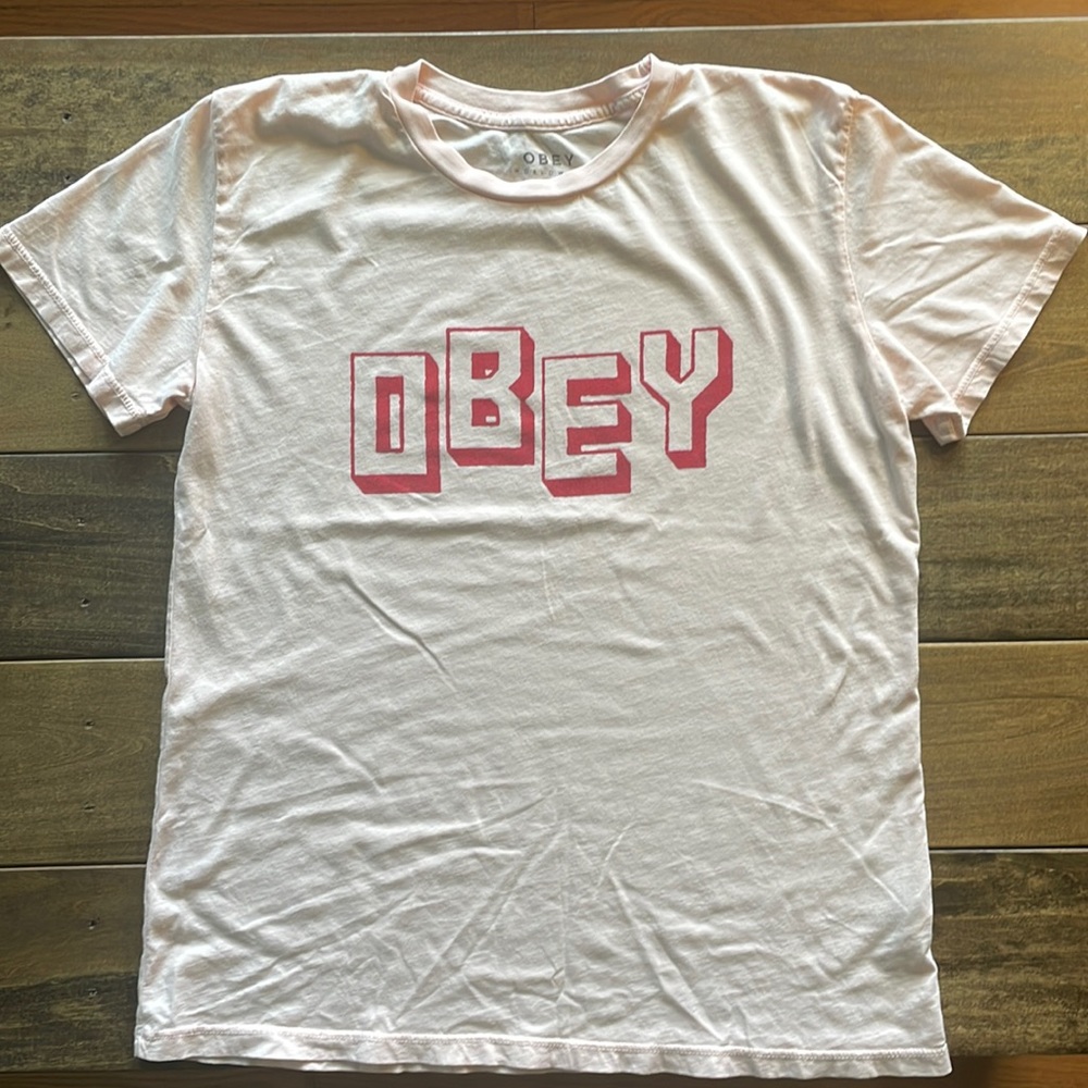 Baby pink soft obey womens oversized small t shirt
